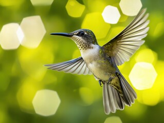 Naklejka premium Bird in flight in hexagonal framing with natural sunlight and space for text