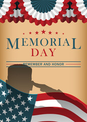 Memorial Day design with saluting soldiers and US national flag. Memorial Day flyer. Remember and honor.