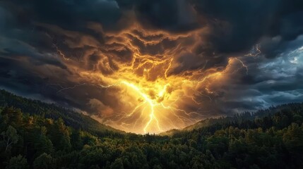Thunderstorm over a dense forest, with lightning illuminating the treetops. Heavy rain pours through the canopy, creating a mystical yet intense atmosphere.