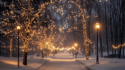 A snowy park with twinkling Christmas lights on trees, creating a magical holiday scene.