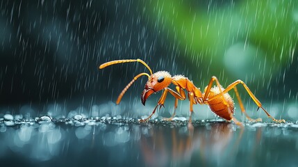 Fototapeta premium A majestic close-up shot of a pharaoh ant in the morning rain, with tiny droplets on its body and a natural environment in the background.