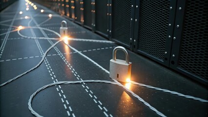 Locks and cables on a dark surface with glowing lines and textures.
