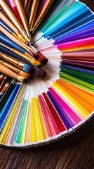 A colourful selection of paint brushes with a vibrant color wheel