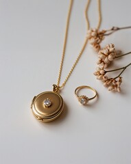 Fototapeta premium A gold locket and dainty ring jewelry set in plain white background