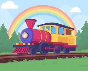 A colorful cartoon train travels along railway tracks in nature