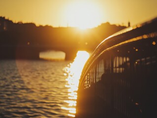 Bridge against large yellow sun with architectural beauty, golden hour and copy space on left