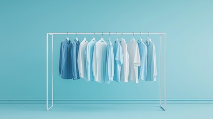 A row of blue and white shirts neatly arranged on a clothing rack against a light blue background, creating a clean and stylish display.