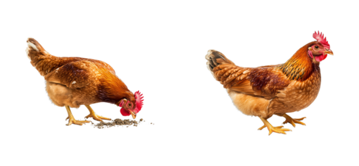 Chickens foraging in a farmyard setting wildlife. Cut out png set