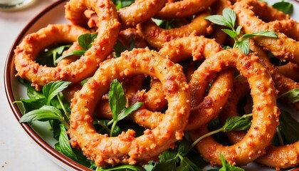 Golden Fried Calamari Rings Served With Fresh Basil Leaves And Dipping Sauce