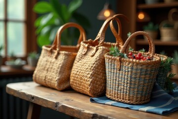 Obraz premium Woven basket bags on a wooden table, organic, natural