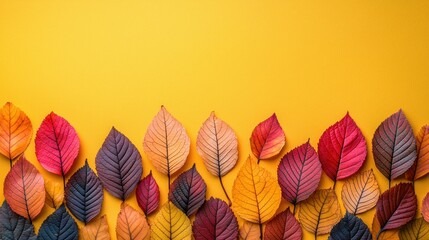 Vibrant autumn leaves arranged on a yellow background