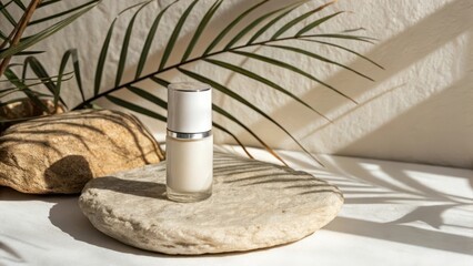 Obraz premium Serene beauty product on natural stones with palm leaves in soft sunlight.