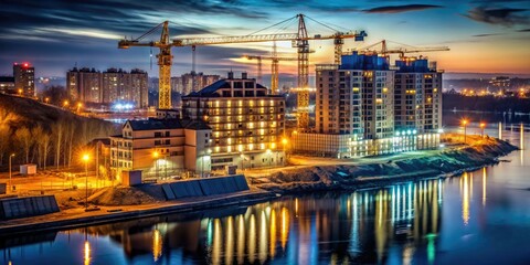 Fototapeta premium Night descends on Samara's Volga River; unfinished houses stand stark against the dark waters.