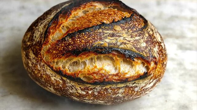 Crusty sourdough boule with deep brown char marks and open crumb