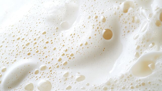 Close-up view of frothy liquid with bubbles. Creamy texture and white coloration, perfect for dairy and beverage concepts.