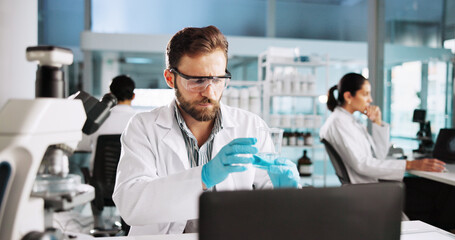 Scientist, man and chemistry with laptop for project, breakthrough or medical notes research....