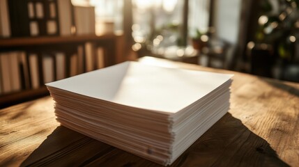 A stack of crisp white paper sheets neatly arranged on a wooden desk, illuminated by soft natural light.