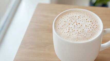 Cozy cup of frothy coffee on a wooden table, perfect for a relaxing moment. Light background, warm atmosphere.