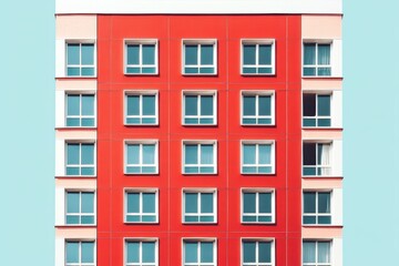 Naklejka premium Modern architecture, geometric shapes, red and white building exterior, blue glass windows
