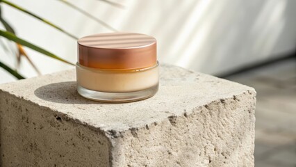 A skincare jar on a textured stone surface with soft shadows.