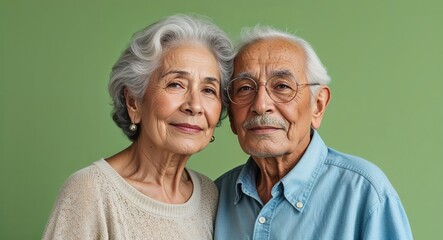 latin Hispanic elderly couple on green plain bright background modern chic fashion pose  model portrait  portrait banner with copy space ad concept marketing