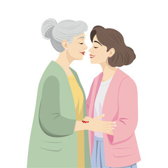 Mother's Day. Vector illustration of women with children. Elderly Mother with Adult Daughter. Beautiful template. Can be used for a banner, poster, card. isolated background