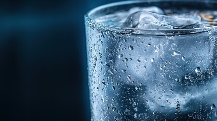 A refreshing glass of ice-cold water with condensation forming on the surface.