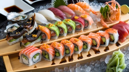 A photo of a sushi platter with a variety of exotic and fusion sushi rolls. There are dragon rolls with eel and avocado, rainbow rolls with crab, cucumber, and avocado, and spider rolls with soft-shel