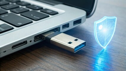 Fototapeta premium USB drive connected to a laptop with a digital security shield graphic.