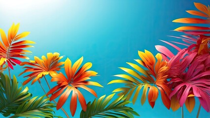 A vibrant composition of tropical leaves in shades of yellow, orange, and red, set against a soft, blurred blue background