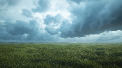 A storm approaching over an open grassy plain, with dark clouds rolling in.
