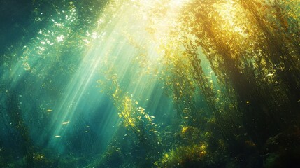 Sunbeams through underwater kelp forest