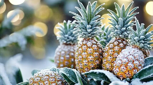 Frosty pineapples nestled amongst snowy leaves
