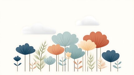 Colorful Floral Illustration with Soft Clouds on a Light Background for Creative Projects
