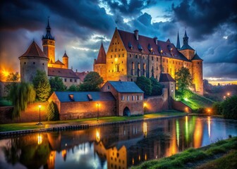 Obraz premium Night photography showcases Lidzbark WarmiÅ„ski Castle's Gothic architecture; a Warmia and Mazury museum, October 2021.