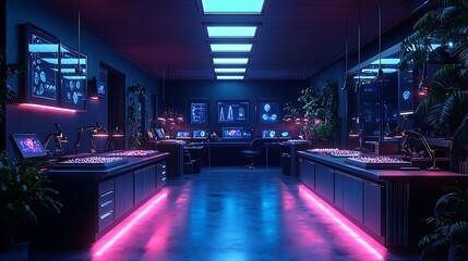 Futuristic gemstone testing laboratory with neon displays high resolution image