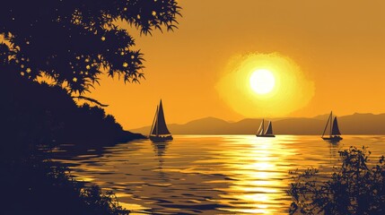 A relaxing summer sunset over the ocean, with golden light shimmering on the water and silhouettes of sailboats in the distance