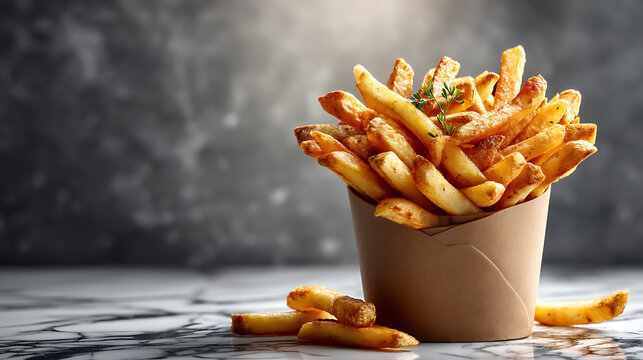 Crispy french fries in a gourmet packshot food photography juicy fast food display top view modern environment