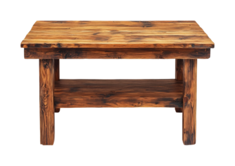 Showcase rustic wooden table in warm home interiors isolated on transparent background, png