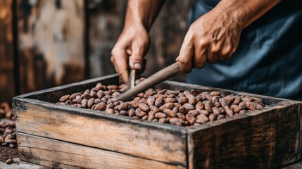 Manual Stirring of Fermented Cocoa Beans in Traditional Process at Artisan Workshop