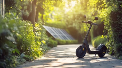 Electric scooter in a sunlit park pathway for eco-friendly urban commuting design. Sustainability assessment