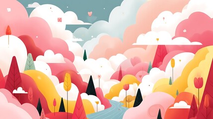 Dreamy Landscape with Colorful Hills, Whimsical Clouds, and Gentle River in Pastel Tones