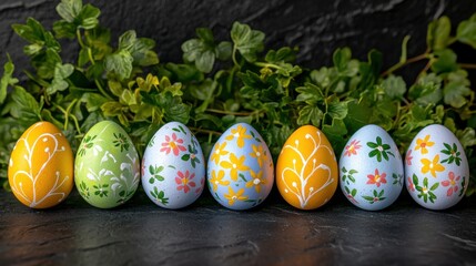 A charming Easter DIY project showcasing six beautifully hand-painted eggs decorated with floral patterns and arranged on a dark table with vibrant green foliage adding a touch of