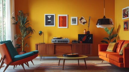 A retro-inspired living room with vintage furniture, a record player, and bold 70s-style colors