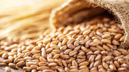 Wheat grains spilling from burlap sack