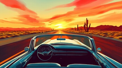 A road trip scene with a vintage convertible car driving down an open desert highway at sunset