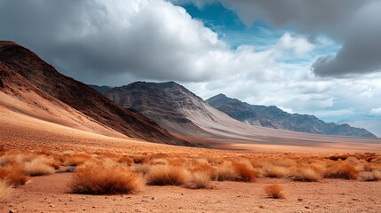 Naklejka premium Breathtaking Desert Landscape with Rolling Hills and Dramatic Cloudy Sky in Arid Environment