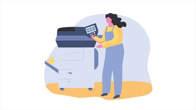Woman Operating a Large Multifunction Printer in an Office Setting