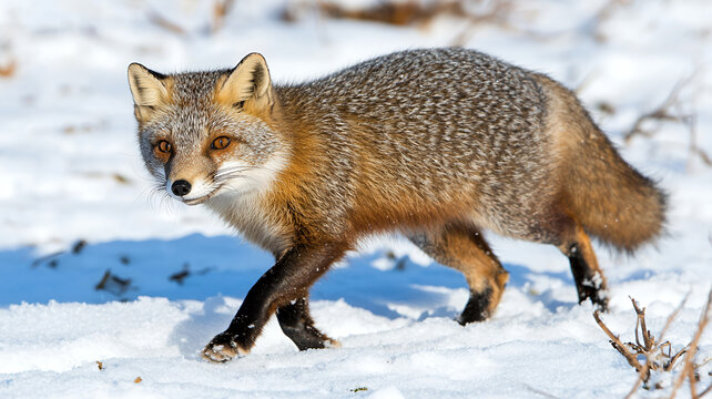 gray fox walking through snow, showcasing its beautiful fur and alert expression in winter landscape