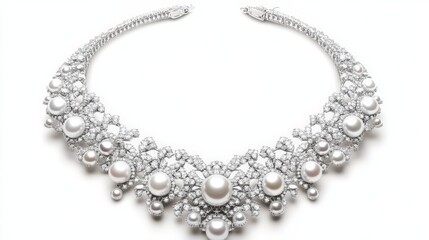A stunning pearl necklace elegantly displayed on a white background, enhancing its beaut